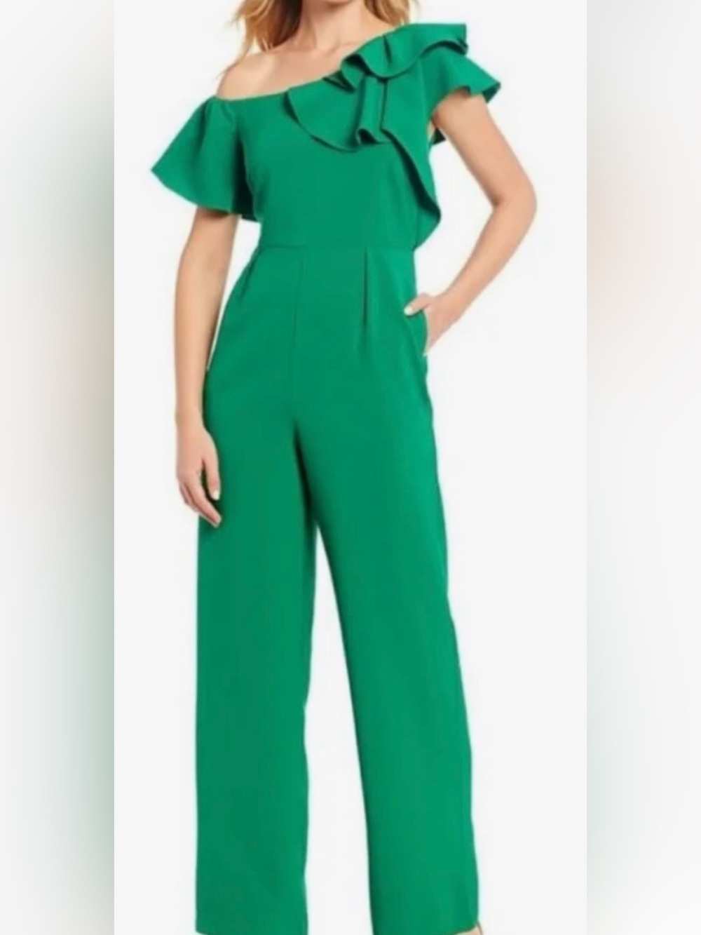 Gibson Latimer Emerald Green Ruffled Shoulder Jumpsuit